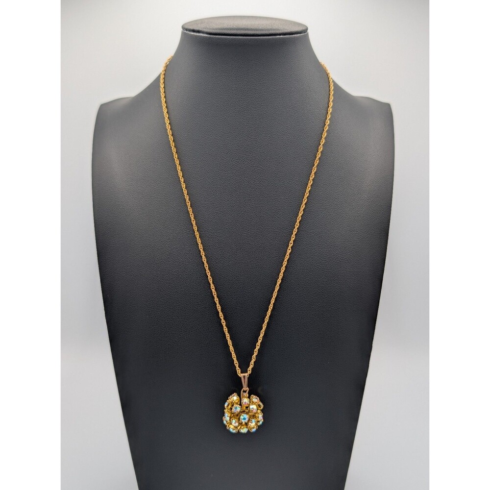 Vintage Gold Tone Link AB Aurora Borealis Crystal Bead Ball Pendant Necklace - Picture 3 of 10